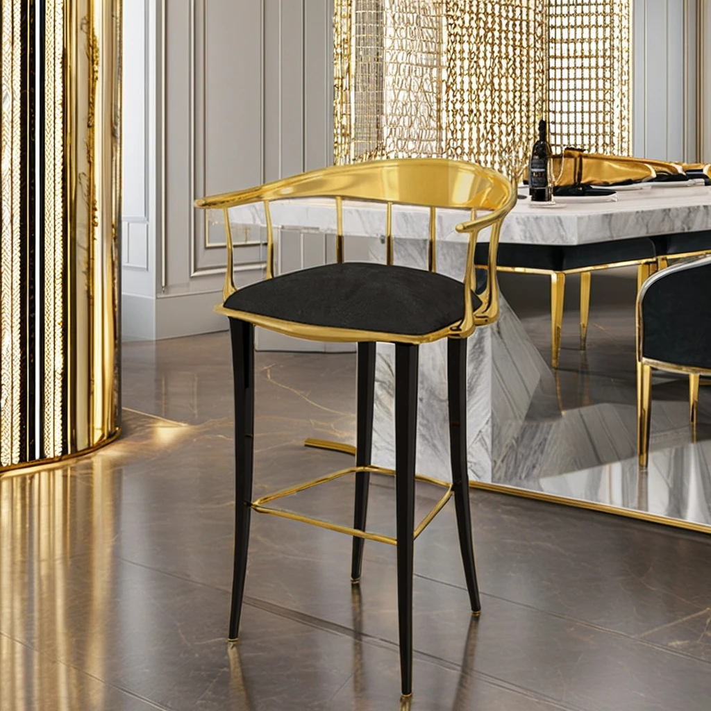 Modern Luxury Customized High End Villa Solid Brass High Chair Bar Counter Chairs Kitchen Outdoor Bar Stools Velvet Leather