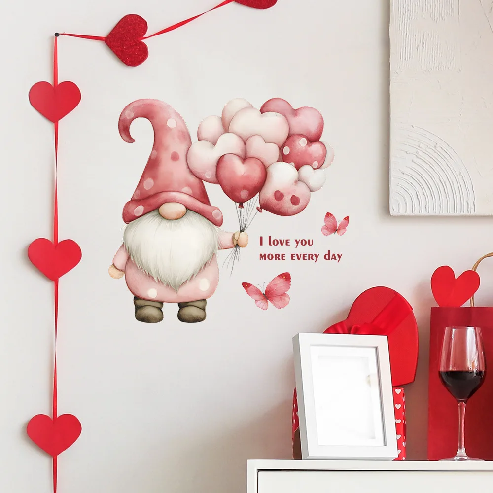 Balloon Valentines Day Wall Stickers Cartoon Gnome I Love U Heart Shape Window Decal Mural Wedding Party Bedroom Decor Muraux