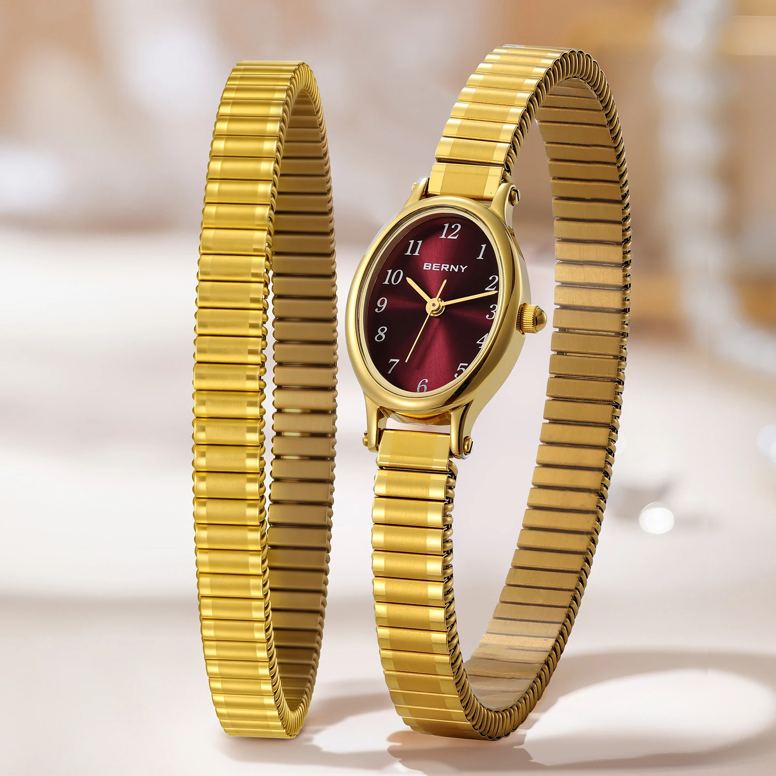 BERNY Golden Watches for Women Luxury Gold Elastic Strap Elegant Easy Read Ladies Watch Stretch Bangle Dress Wristwatch