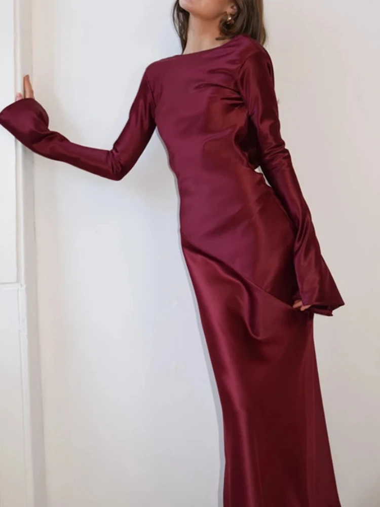 春の新作 レディース Oネック ファッションドレス ホワイトサテン 長袖 スリム イブニングドレス セクシー ホローアウト バックレス マーメイド ローブドレス