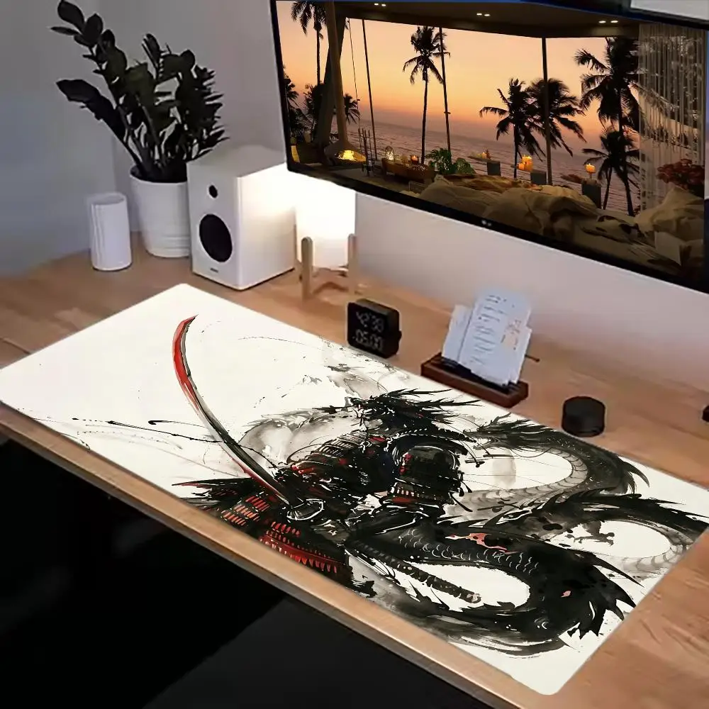 Japanese Ukiyo E Samurai Dragon Art mousepad Non‑Slip Natural Rubber table mat For laptop office desktop bedroom learning games