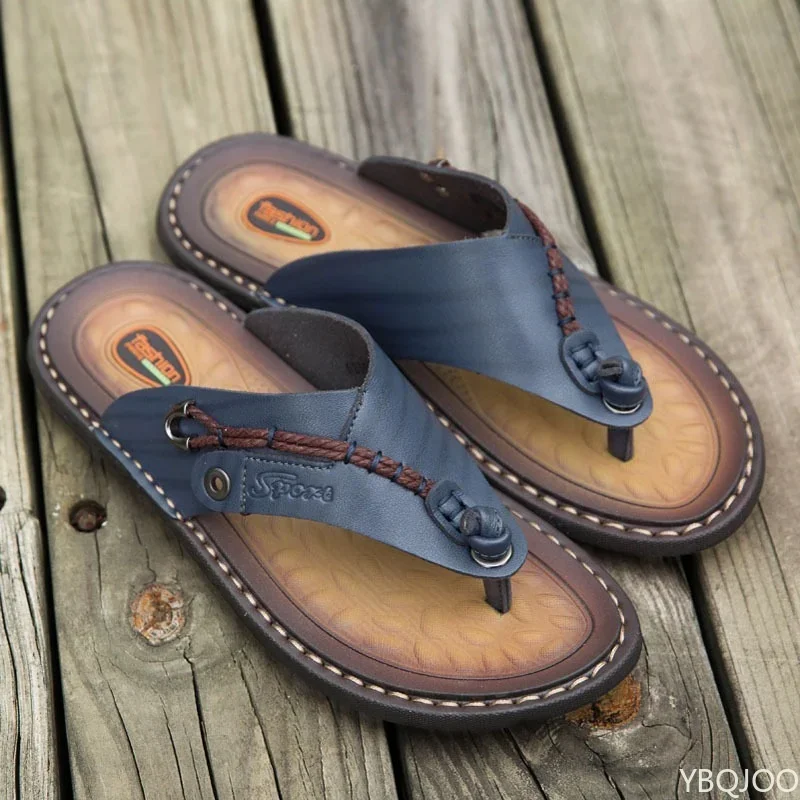2024 New Summer Handmade Leather Slippers Trendy Fashion Men's Flip-flops Outdoor Breathable Comfortable Men and Simple Sandals