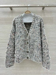 Loose autumn winter luxurious V-neck single breasted wool cardigan