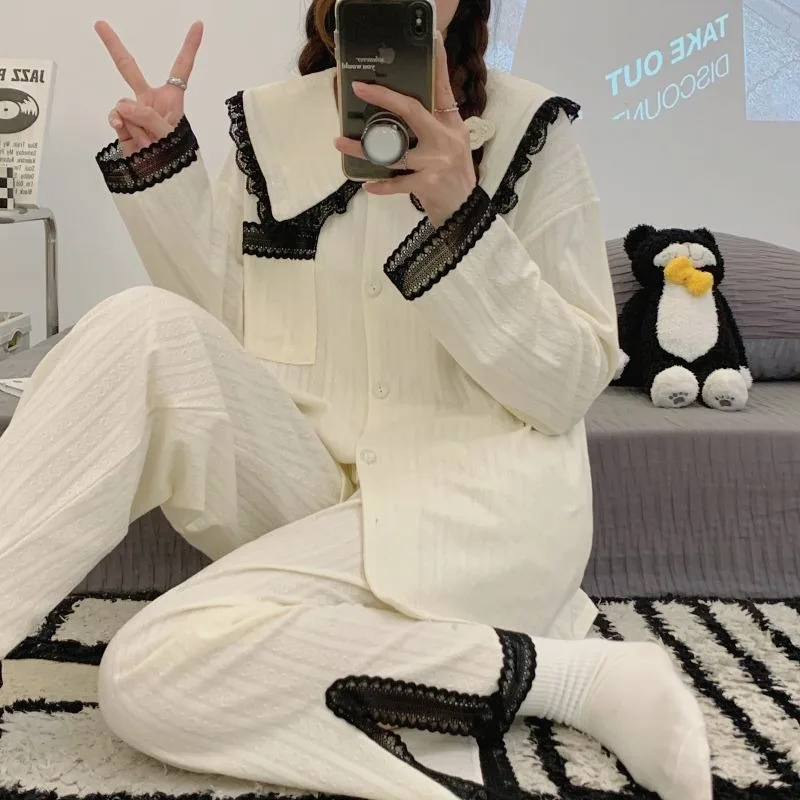 2023 New Pajama Women's Spring Autumn Solid Color Cotton Jacquard Cardigan Lapel Loose Fat Plus-size Set Lace Edge Loungewear