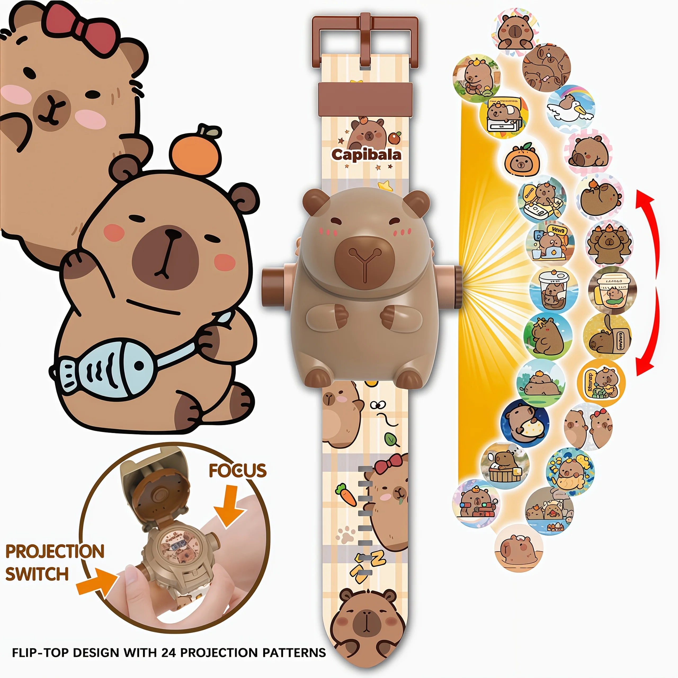 New cute cartoon capybara watch cover, a must-have for teenagers on the go. It displays time and date with 24 adjustable project
