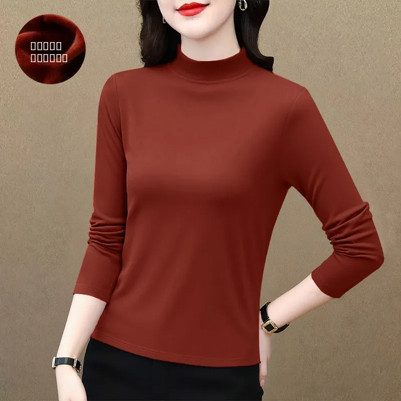 

Warm Fce Lined Long Sve Base irt f High Collar Slimming Anti-Aging Belly Covering Soft Cotton T-irt for Women