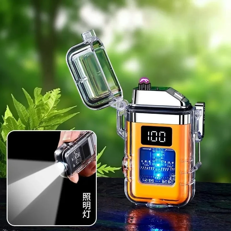 Transparent Windproof Metal Lighter for Men, Dual Arc, Plasma Pulse, Flameless, Outdoor Waterproof Tool, High End Gift, New