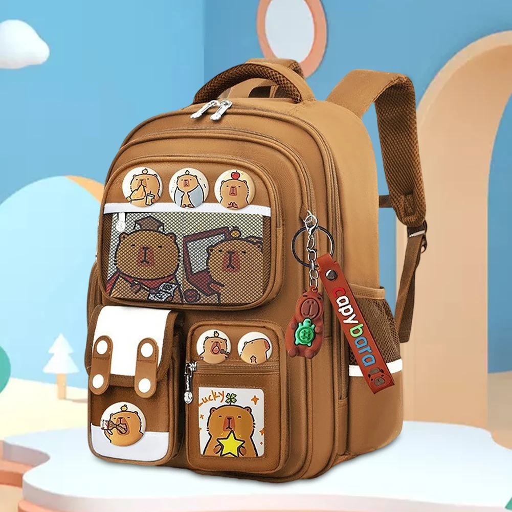 Capybara Kawaii Schoolbag with Pendant Casual Bookbag Adjustable Strap Oxford Cloth Rucksack Travel Vacation Backpack