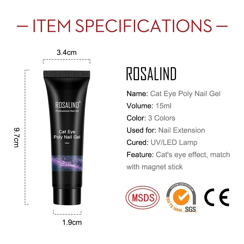 ROSALIND 15ml Cat Eye Poly Nail Gel Trendy Colors Quick Extension Nail Gel Long Lasting Safe Acrylic Crystal Gel DIY Fancy