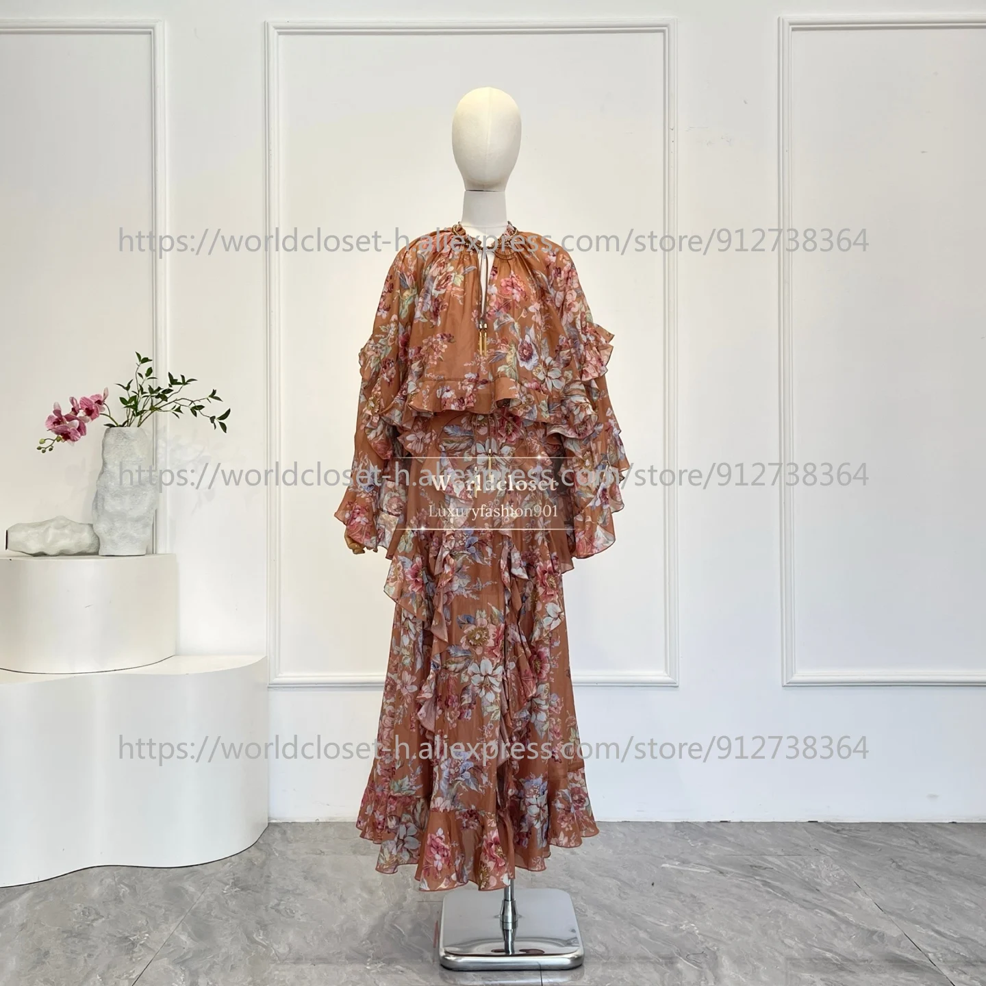 

Red Floral Print Ruffles Long Sleeve Blouse Tops and Midi Skirt Set 2025 New Design