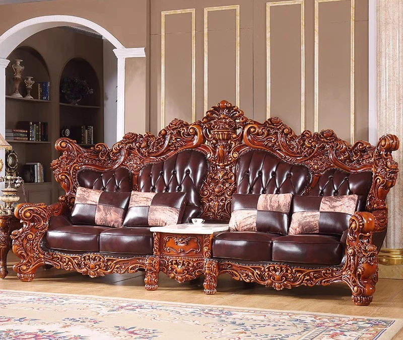 #￥MR Luxury European Royal Genuine Leather Sofa Set Double-Sided Solid Wood Carving for High-End HomeFurniture Living Room Sofas