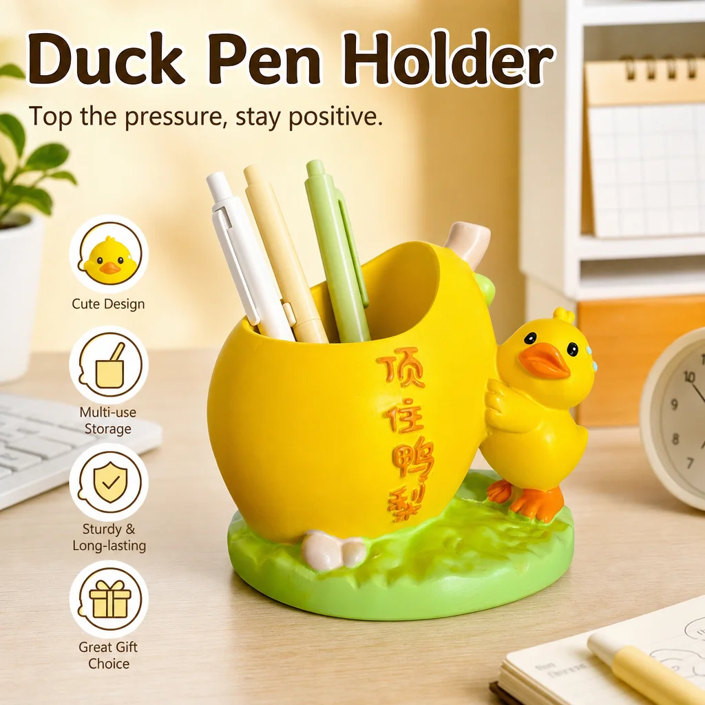 Cute Yellow Duck Pen Holder Large Capacity Resin Pencil Cup Organizer Desktop Storage Decor for Office School Supplies Teacher