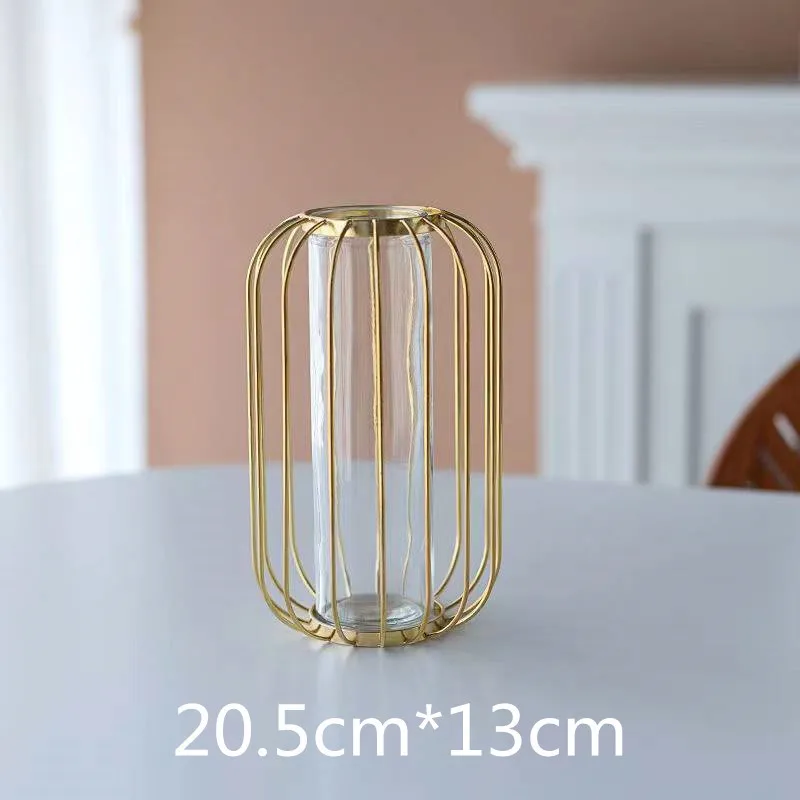 Nordic Simple Golden Glass Vase Hydroponic Plant Flower Vase Iron Geometric Glass Test Tube Metal Plant Holder Modern Home Decor