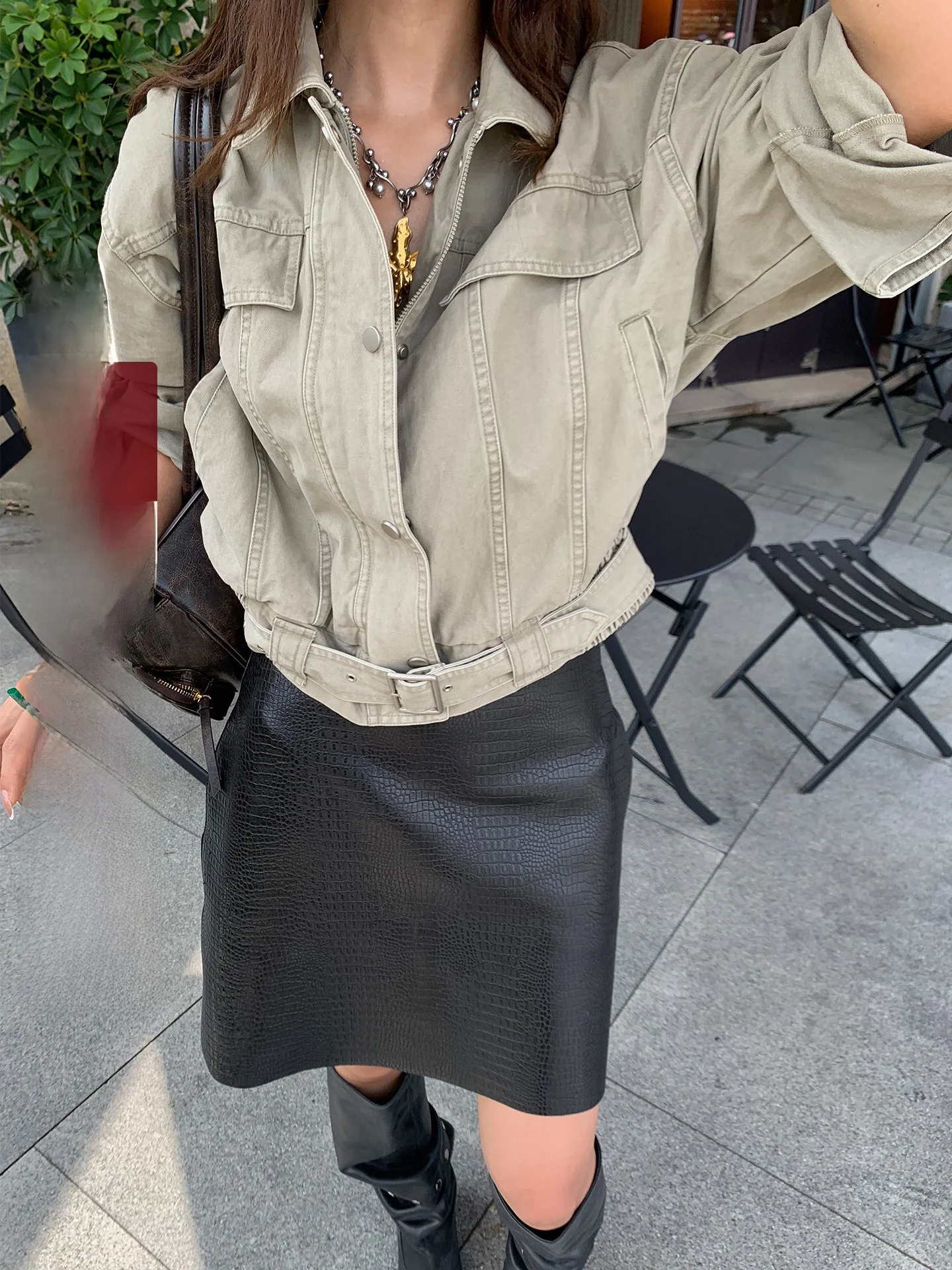 

Slim Fit Bla Alligator Pattern A-Line Leather Skirt Faionable Autumn New Sle Women's f-length Skirt Casual High Waist