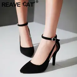 REAVE CAT Sexy Pumps Women Thin High Heels Pointed Toe Flock Buckle Strap Bridal Party Shoes Big Size 32 33 41 42 43