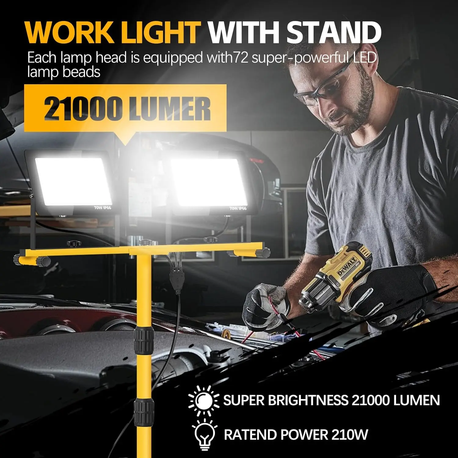 21000 Lumen Work Lights with Stand, 3 Adjustable Head LED Work Light, with Adjustable and Foldable Tripod Stand, Waterproof Lamp