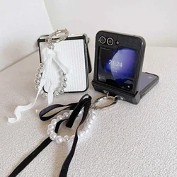 PU Leather Cover with Luxury Bowknot Pearl Wrist Chain Strap Bracelet For Samsung Galaxy Z Flip 6 5 4 3 Phone Case