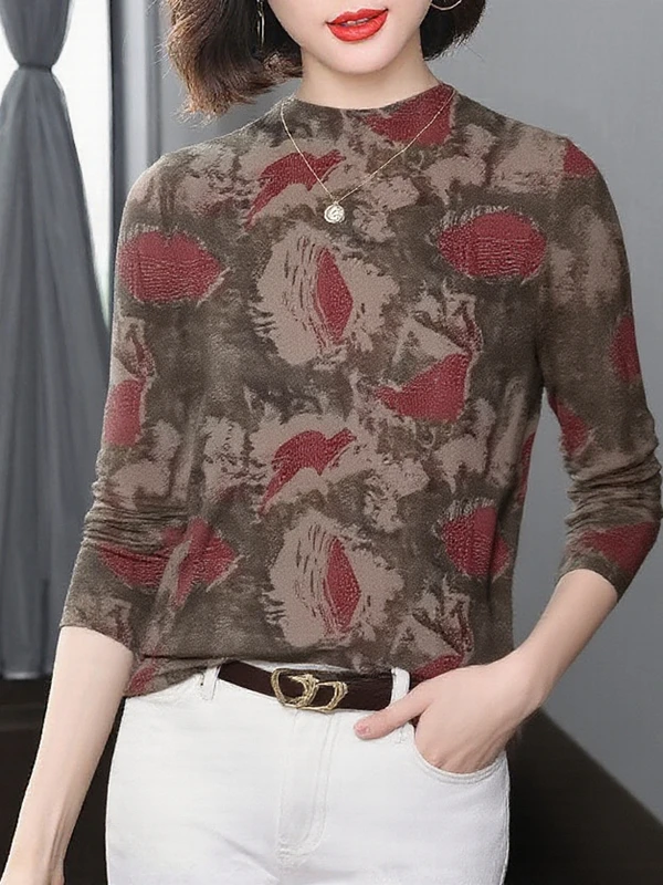 

Fashionable Anti-Aging Printed Long Sleeve Base Shirt Warm Half High Collar for Middle-Aged And Elderly Women Casual Fit T-Shirt