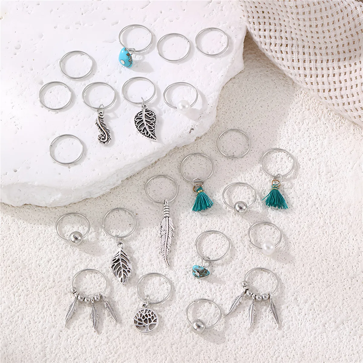 23개 실버 메탈 꽃 & 나비 드레드락 헤어 링 세트 (여성용 트렌디 스트릿 헤어 액세서리, 드레드락 땋기용)