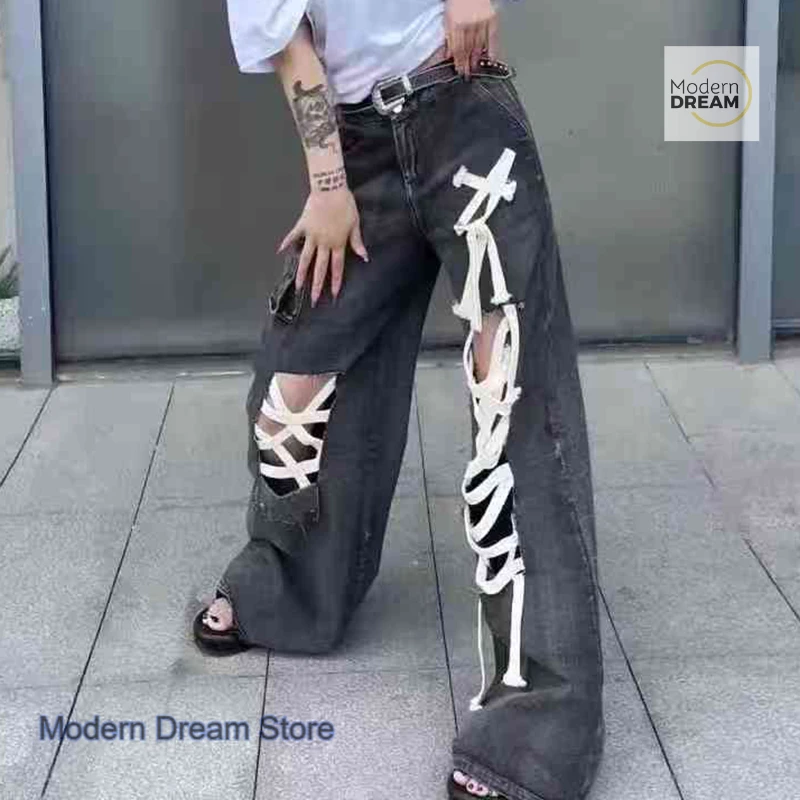 American high street retro design black strap hole jeans female summer new fashion temperament loose tooling wide-leg pants.