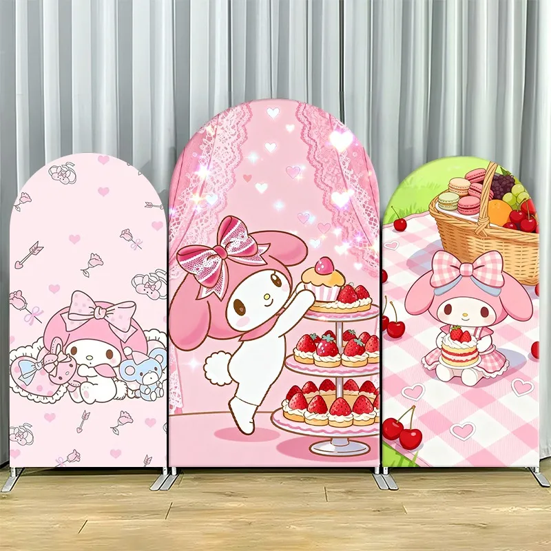 Housse de toile de fond 2D plate à arche, simple couche, en tissu non extensible, thème My Melody Rose, ensemble de fête avec thème desserts sucrés pour célébrations