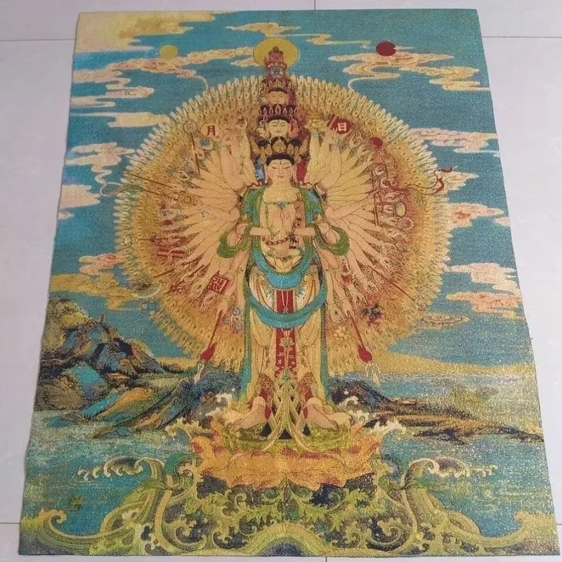 Golden silk embroidery thangka exorcism hand guanyin in Tibet and Nepal