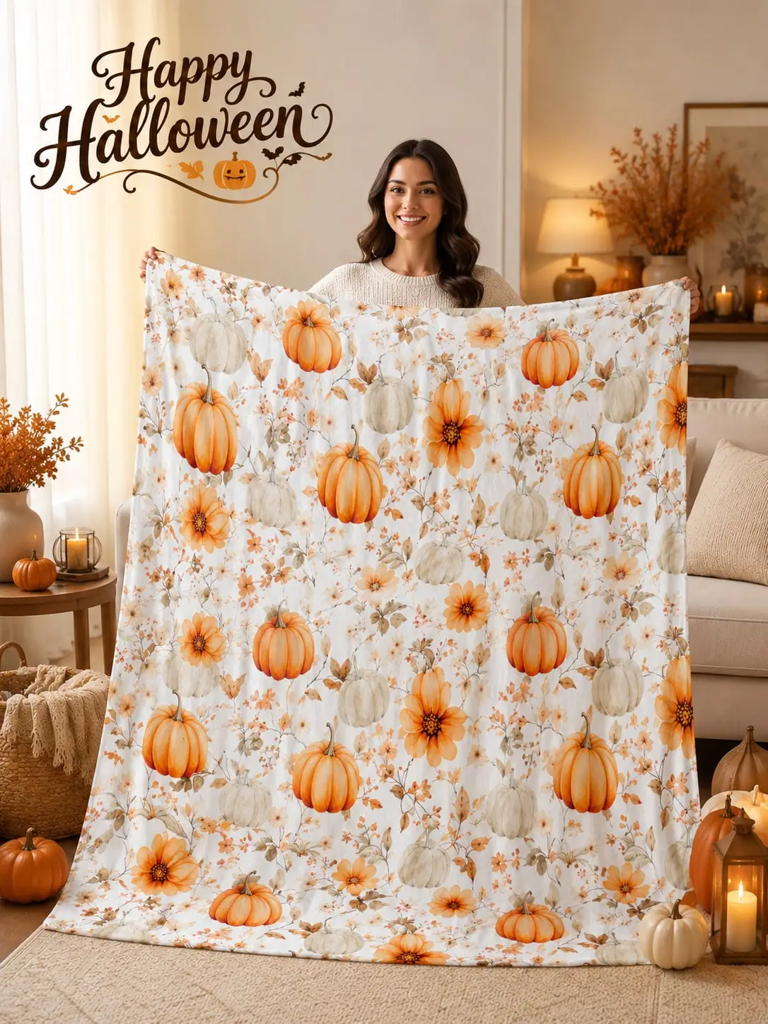 Halloween Flannel Blankets & Throws Pumpkin Blossom Garden Sofa Throw Bed Blanket Living Room Bedroom Couch Office Travel Nap Home Decor Holiday Gift for Mom Dad Sister Brother Wife Husband Grandma Grandpa Friend Party Thanksgiving Anniversary
