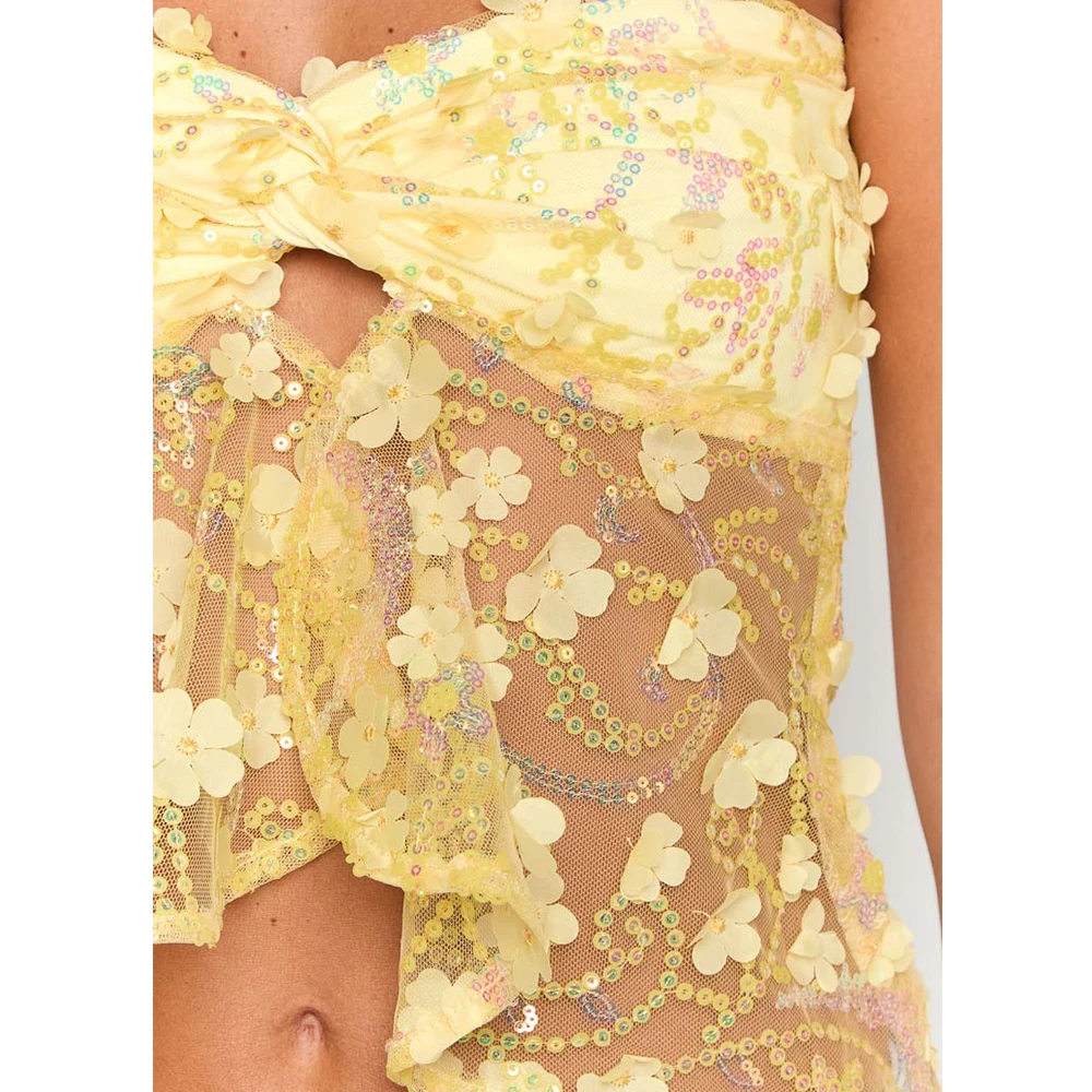 Solid Backless Sequins Crop Tops ผู้หญิงหวาน Lace Twist แยกด้านหน้า Strapless Tube Tops เซ็กซี่ Club Party Vintage y2k Chic เสื้อกั๊ก