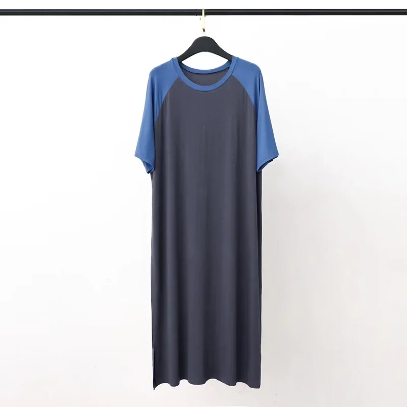 Modal Summer Spliced Contrasting Casual Loose Nightgown Men's Round Neck Nightgown Plus Size Thin Home Bathrobe Pajama Student
