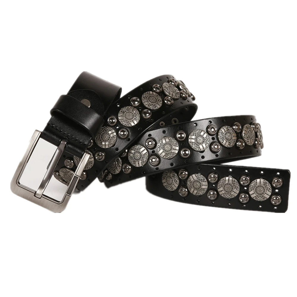 Black New Design Punk Rock Belts for Men Real Leather Steampunk Accessories Pin Buckle Belts Male Rivet Cowskin Waist Belt