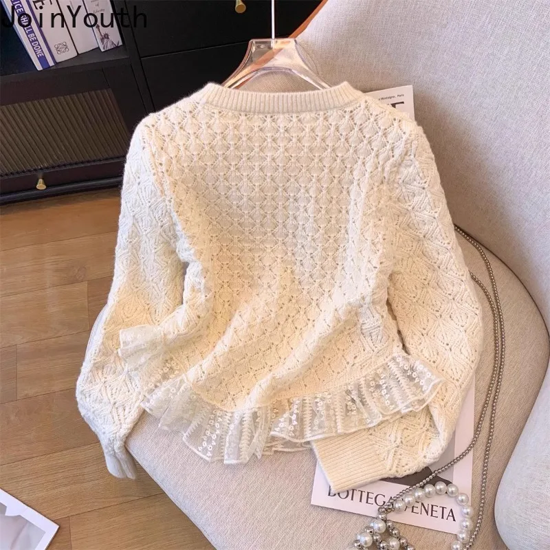 Korean Cardigan Jackets Women Clothing Sueter Mujer Patchwork Lace Sweet Knitted Sweater Tops Fashion Solid Color Pull Femme