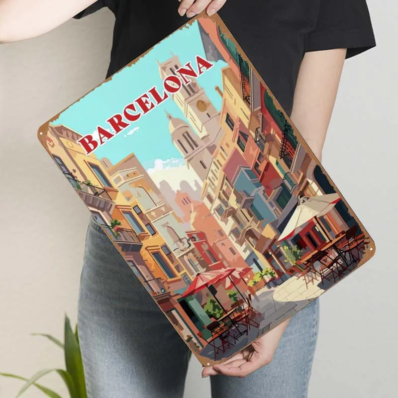 A Day in Barcelona City Skyline Metal Poster Art Mural Vintage Metal Tin Sign for Wall Art Decoration Home Decoration Luxury