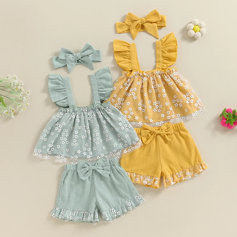 

2024-04-11 Lioraitiin Toddler Girl Summer Outfit Floral Print Mesh Fly Sleeve Tops Bow Elastic Waist Shorts Headband Clothes Set