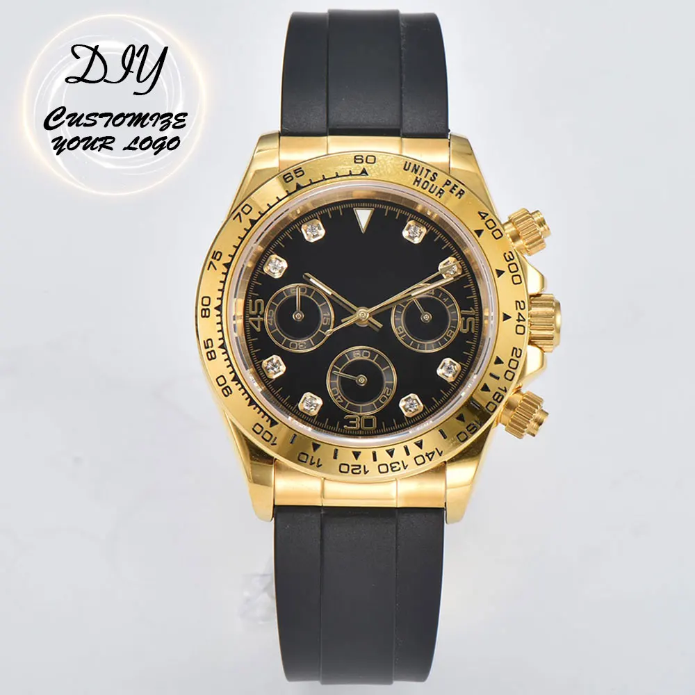 Vk63 Watch Rubber Strap 39.5mm Stainless Steel Case Sapphire Glass Men's Watch Timing Code Panda Three Eyes Quartz Movement