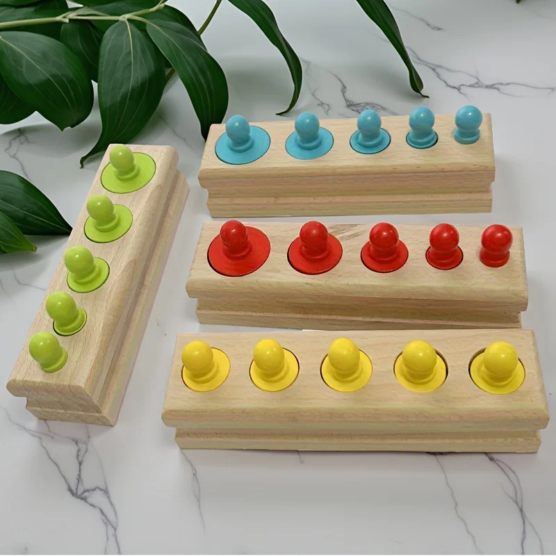 Bloques de construcción de madera de 4 colores, juego de bloques de construcción con enchufe cilíndrico, reconocimiento de formas y tamaños, juguete cognitivo de Color, como regalo