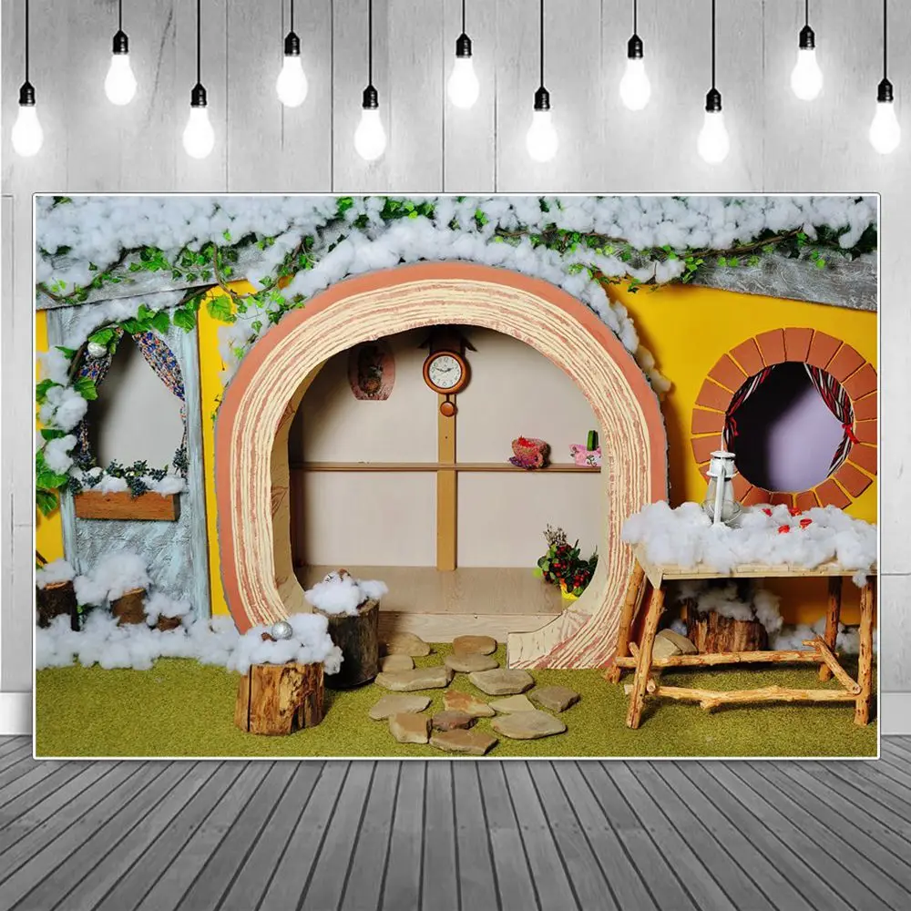 Dwarf Cabin Decor Photography Backgrounds Fairy Tale Snow Star Toys Round Door Gnome Hut Backdrop Photographic Portrait Props