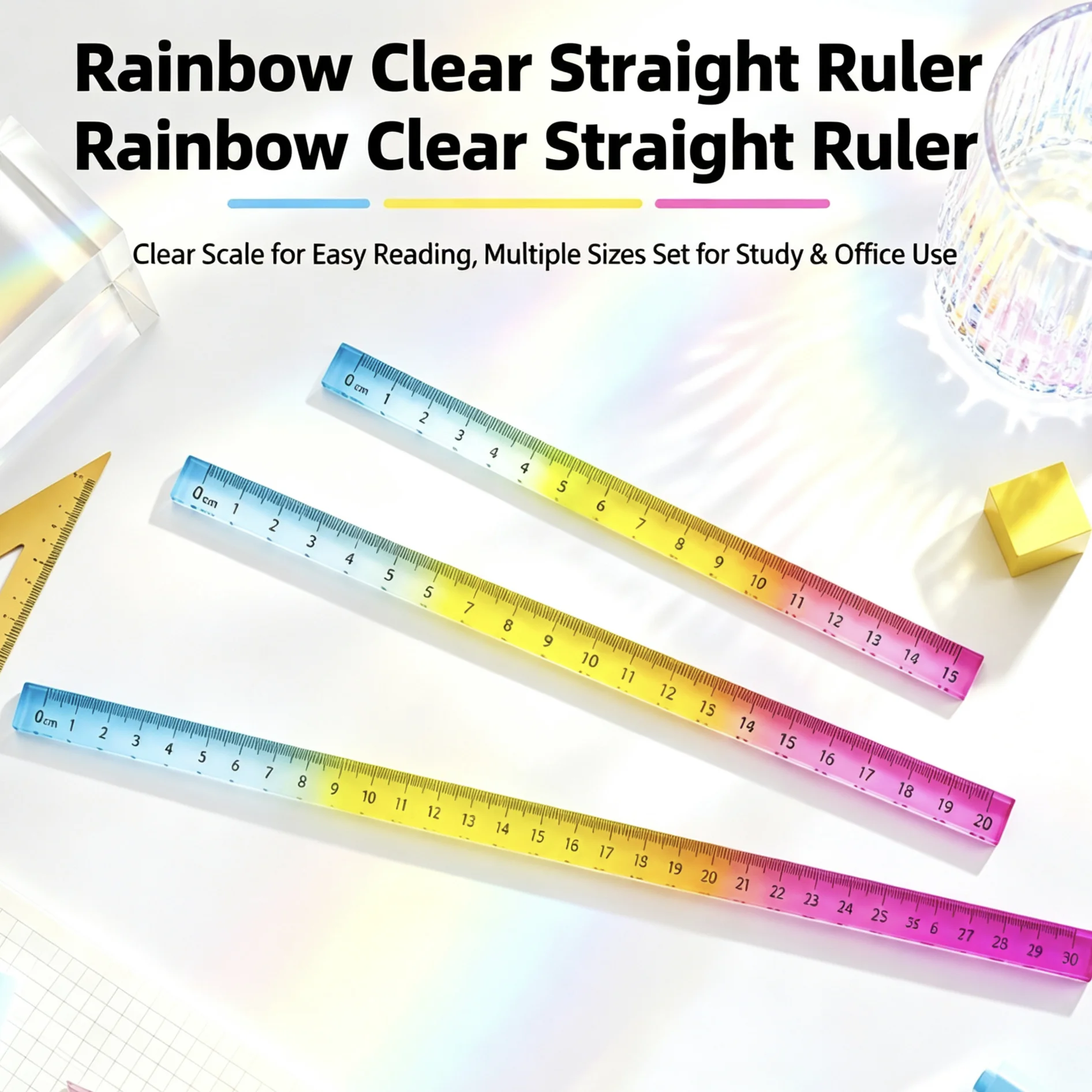 Vibrant 3D Straight Ruler, Semicircle / Square Cross Section, Aesthetic Drawing Ruler, Multiple Sizes 15/20/30cm Optional