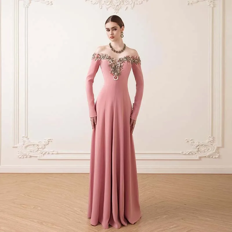 

L542 Customized Pink Long Sleeves Crepe Beaded Mermaid vestidos de fiesta فساتين سهره evening dresses