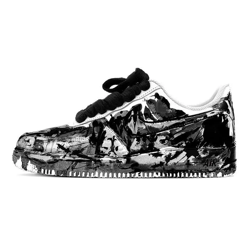 

[Custom Men's style in black, white and grey with ink charm]Nike Air Force 1 Low-Top Skateboard Shoes Men's Black White Gray