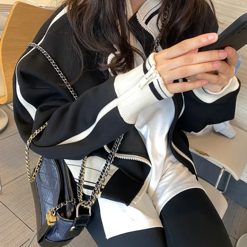 Baseball Black Women Jackets Korean Fashion Oversized Casual Harajuku Zipper Thin Fleece Coat Female Outerwear Crop Street Style