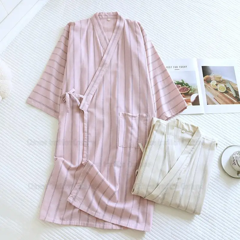 

Men Striped Sleepwear Couple Cotton Shower Bathrobe Gown Women Japanese Style Kimono Lingerie Sweat Steaming Robe Loungewear
