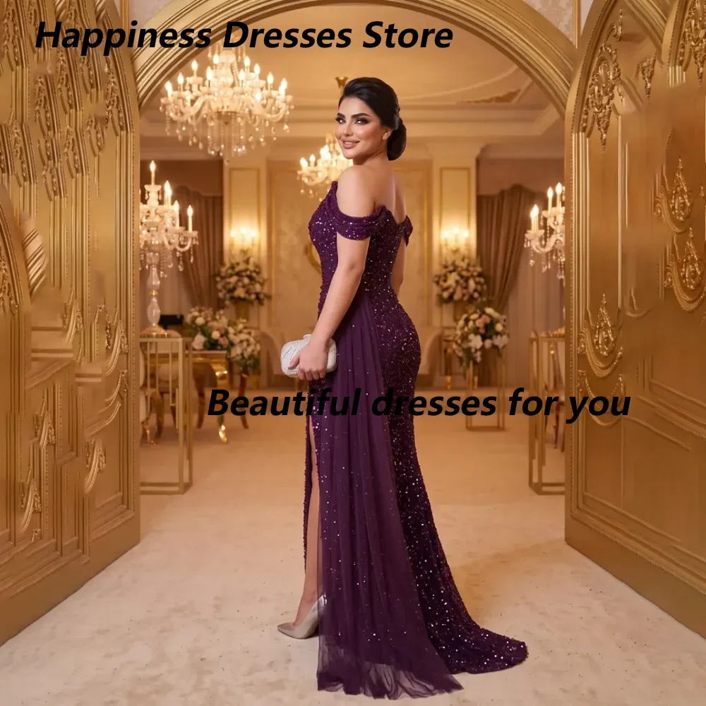 Customized Purple Full Sequins V Neck Off Shoulder Mother Of The Bride Gown Draped Tulle Side Split Mermaid Guest Gown
