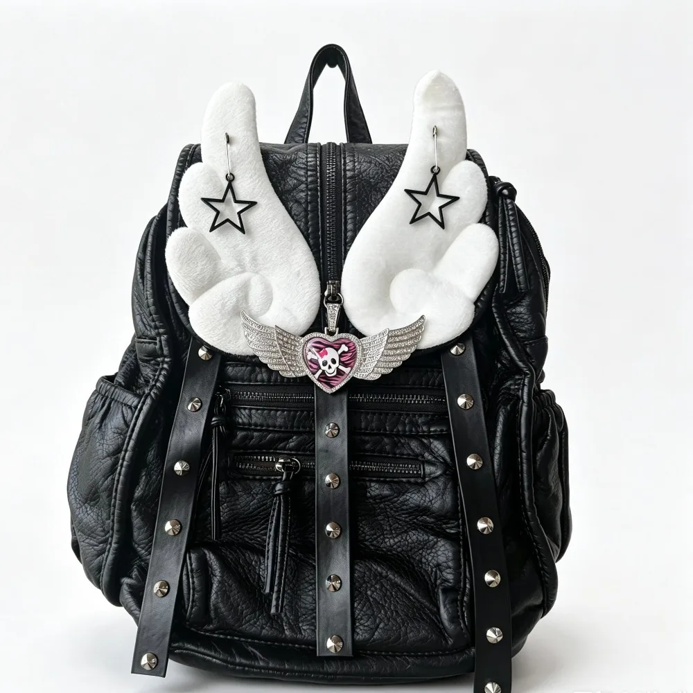 Original Spice Girl Rock Black Backpack Female Personality Rivet Wings Decorative Bag Large Capacity Backpack