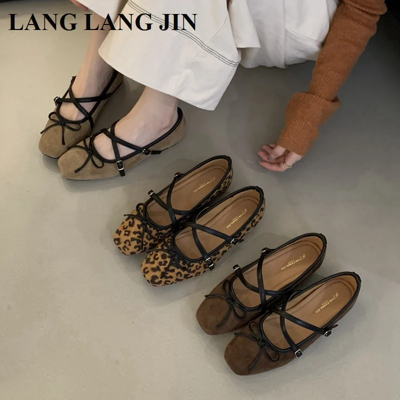 

Leopard Print Flats Square Toe Shoes Ballet 2025 Autumn Shallow Ballerina Soft Loafers Comfort Moccasins Buckle Strap Mary Janes