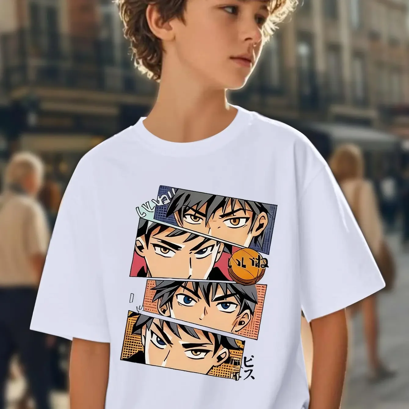 Children's Volleyball Anime T-shirt with Comic Panel and Eye Print Pure Cotton Top Suitable for Everyday Wear and School