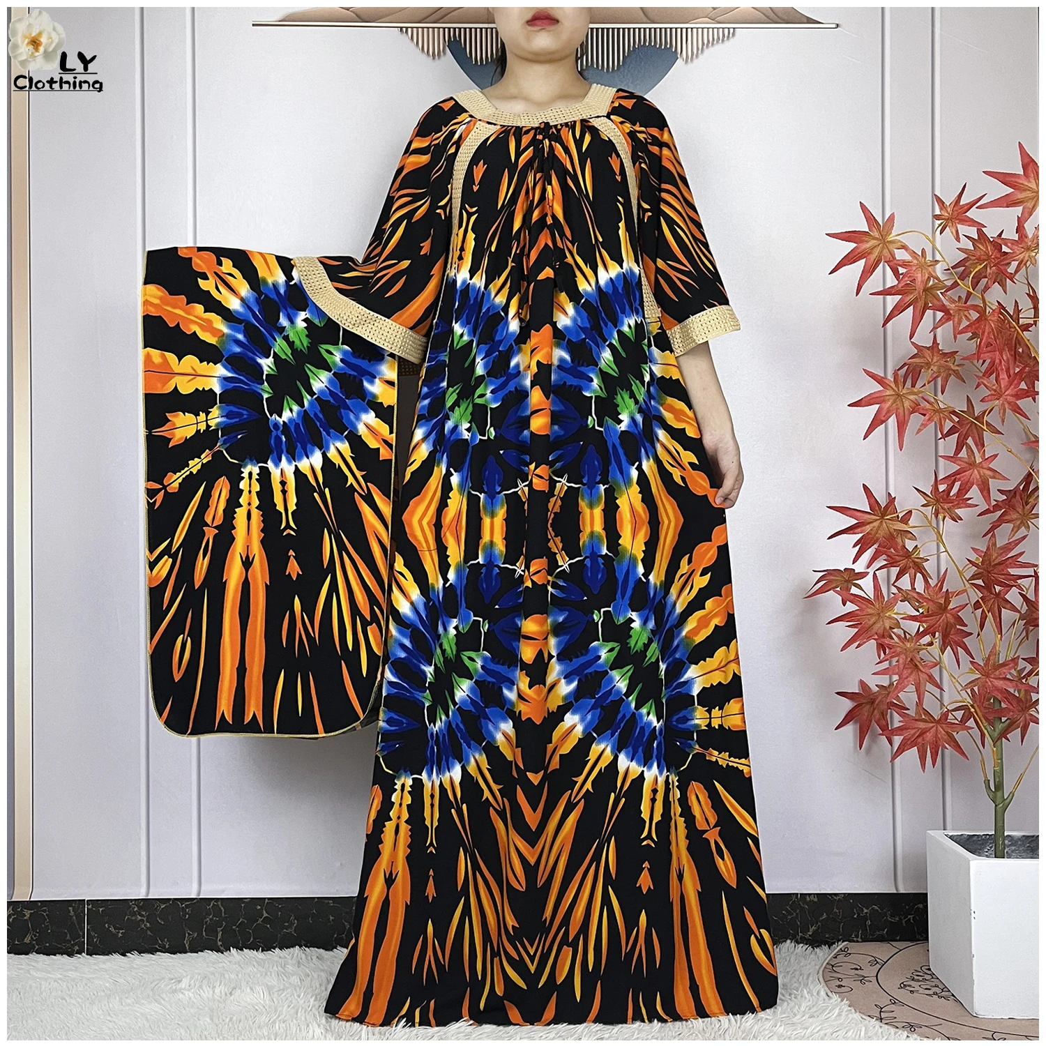 New Muslim Dress Woman Short Sleeve Dashiki African Abaya Tie-dyed Printing Cotton Loose Femme Robe Islamic Dresses With Scarf