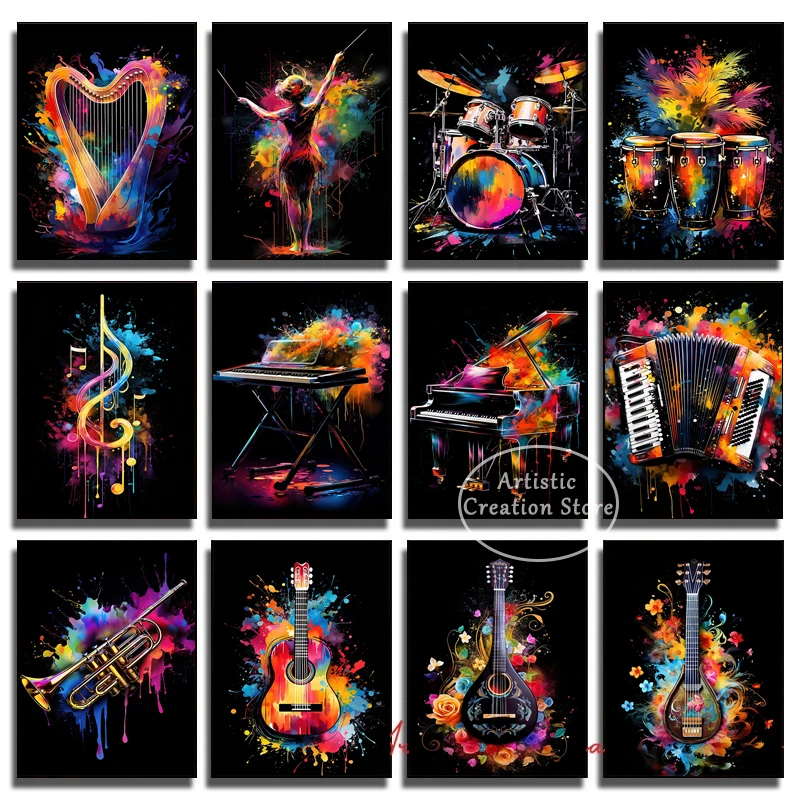 Djembe Drum Saxophone Piano Trumpet Poster Musical Instrument Music Wall Art Canvas Painting Wall Art Home Decor Musical Gifts