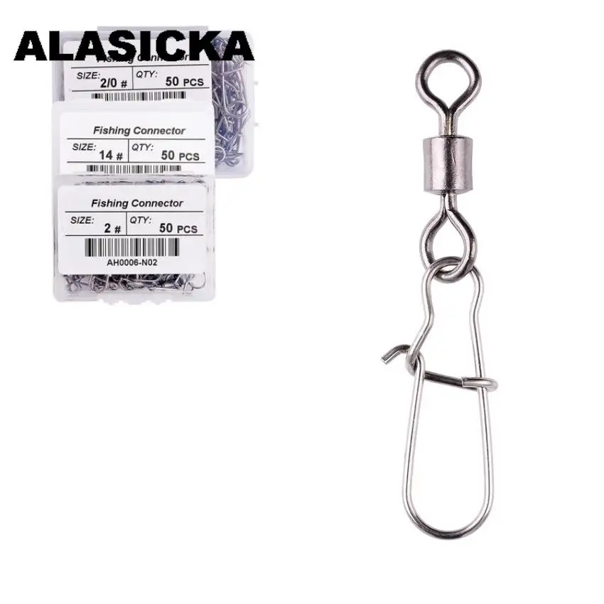 

ALASICKA 50PCS/ Box 14#-2/0# Fishing Connector Pin Bearing Rolling Swivel Stainless Steel with Snap Fishhook Lure Swivels Tackle