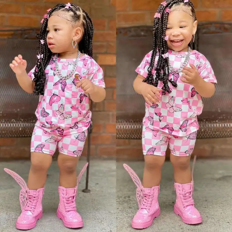 2023 Summer Two Pieces Baby Clothes Kids Girls Butterfly Clothing Sets Short Sleeve Pink T Shirt+Plaid Shorts Outfit 2 to 8Years