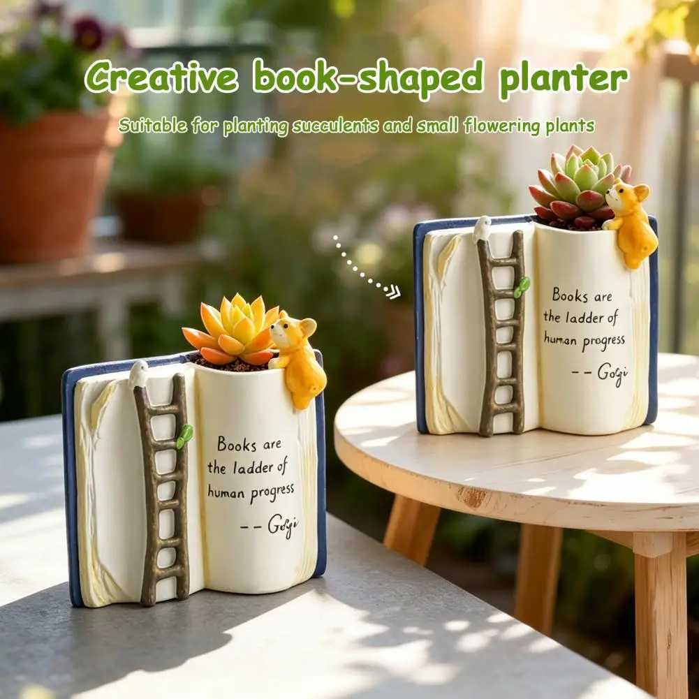Unique Desk Ornament Book Shape Flower Pot Book Shaped Flower Pot with Ladder Puppy Bird Design Planter Decorative Desk